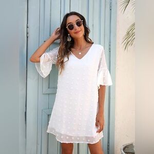 Blooming Jelly White Chiffon Swiss Dot V-Neck Sheer Lined Dress size Medium